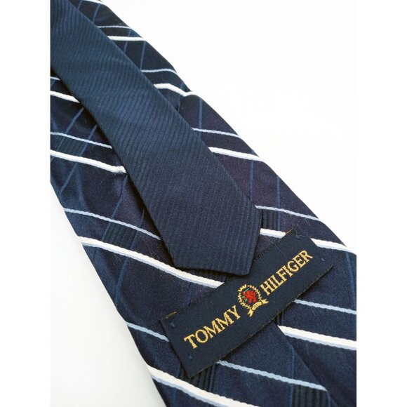 Tommy Hilfiger Mens Vintage Plaid Striped Necktie Navy & White Stripes Classic - Picture 12 of 16